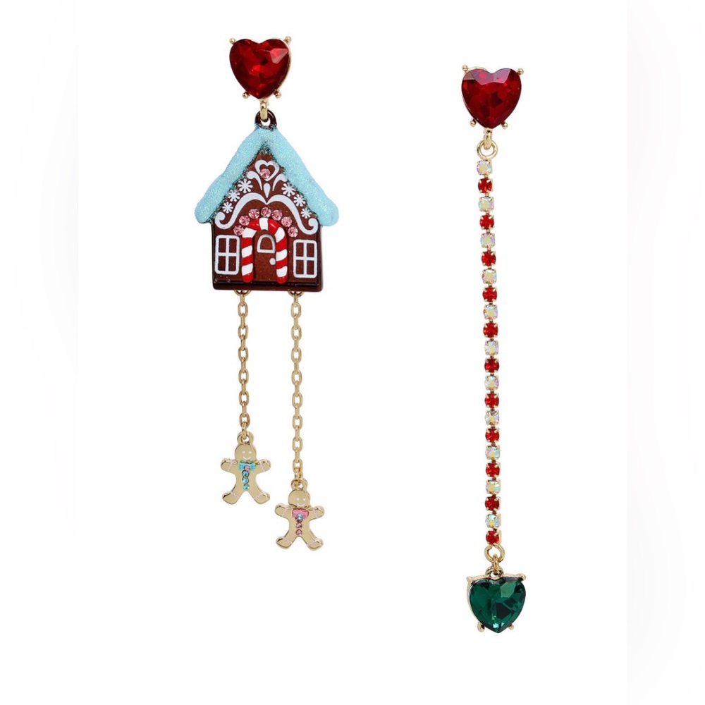 New! Betsey Johnson Jingle Bell Bling Christmas Gingerbread Mismatched Earrings - Picture 2 of 6